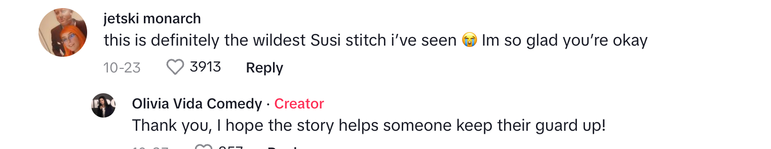 A TikTok commenter on Olivia's post about creepy volunteer grandpa