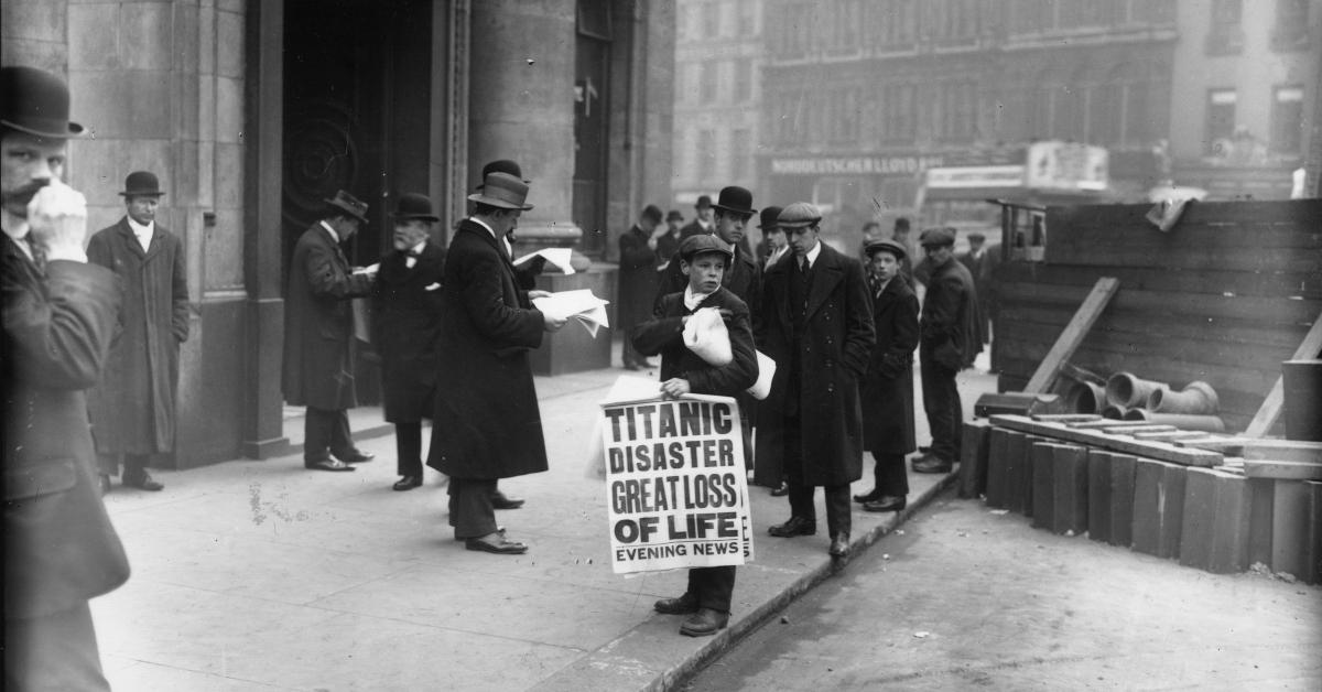 Newspaper about the Titanic:  Newspaper boy Ned Parfett sells copies of the Evening News telling of the Titanic maritime disaster.