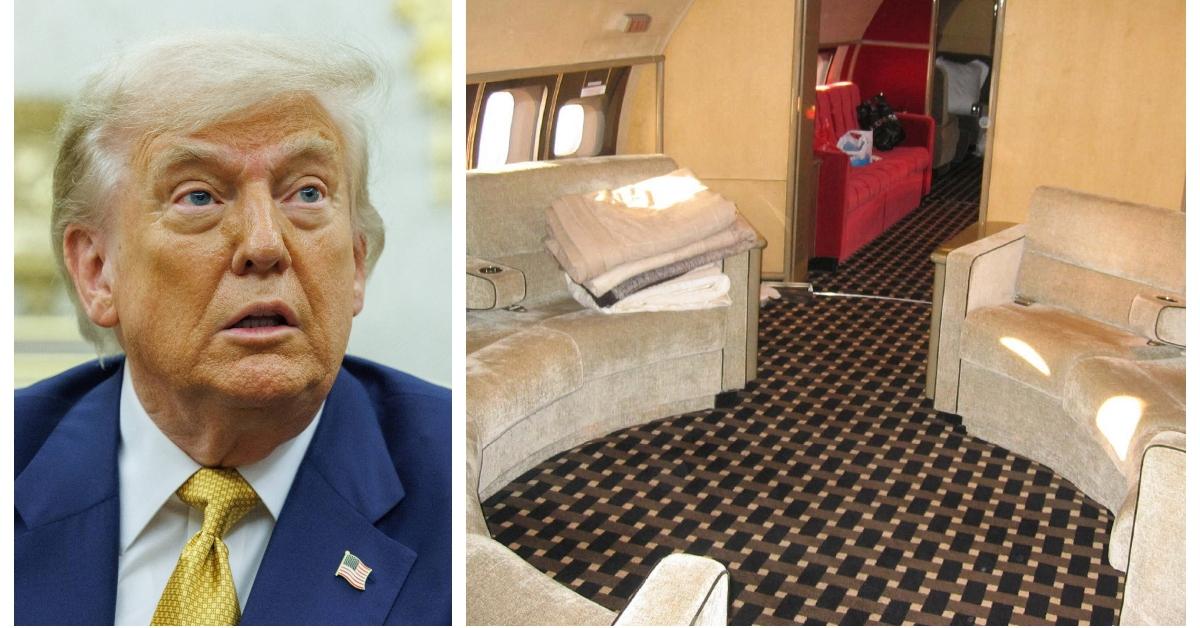 (L-R): President Donald Trump; interior of Jeffrey Epstein's private jet