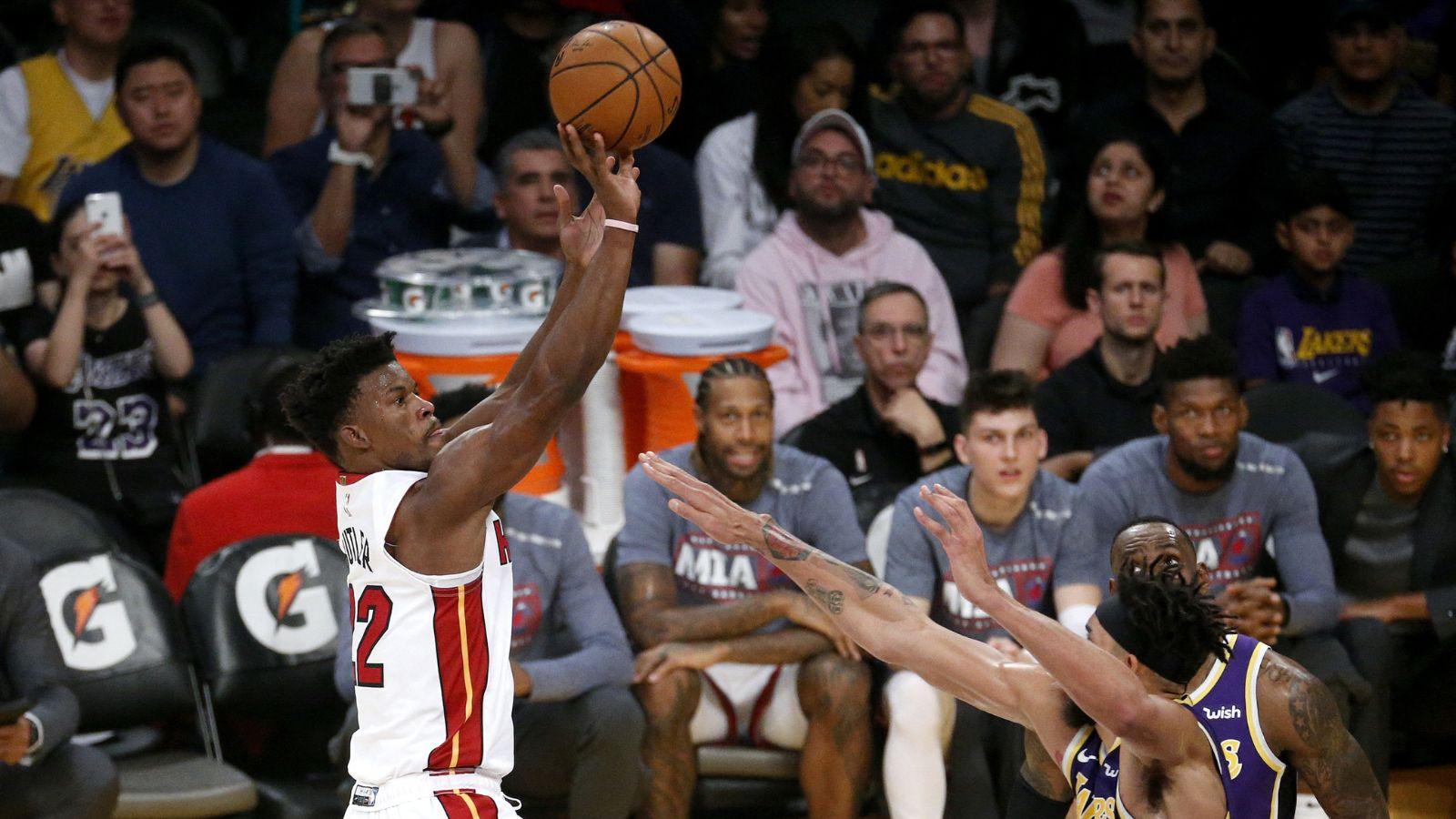 Jimmy Butler shoots the ball during a game against the Lakers. 