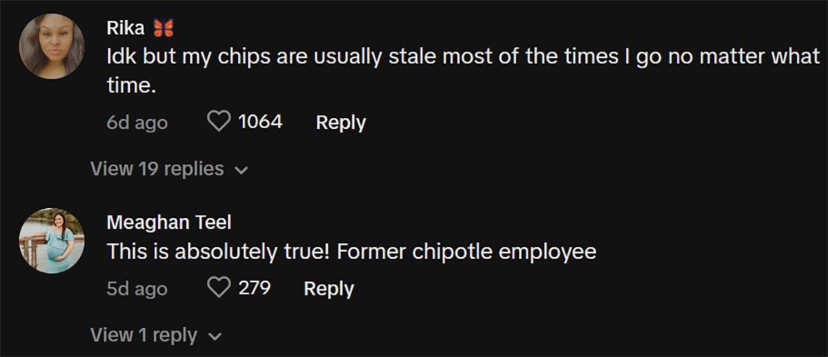 Comments on tiktok about chipotle serving leftovers