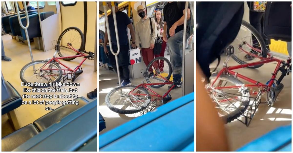 tiktoker @girl.with.the.eyebag video of bike left in middle of the train