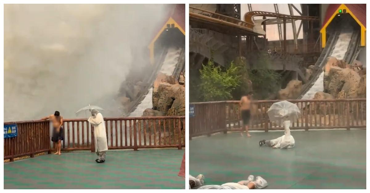 TikTok's "Jet2 Holiday" trend shows a person trying to shield themselves from a flume ride splash