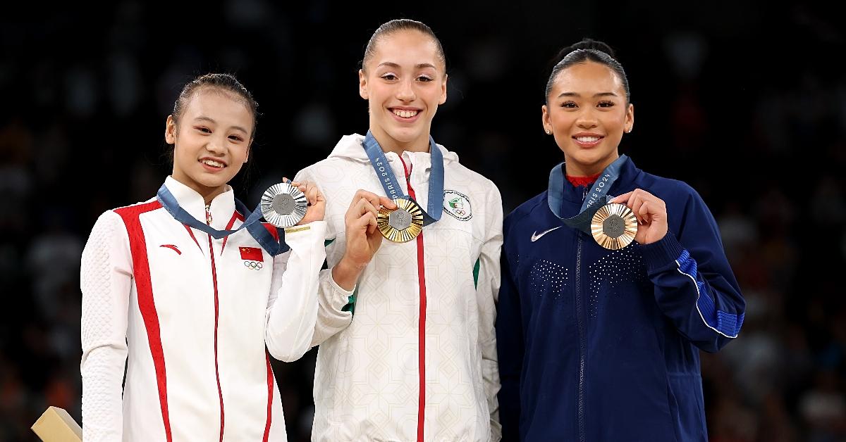 Silver medalist Qiu Qiyuan of Team China, Gold medalist Kaylia Nemour of Team Algeria and Bronze medalist Sunisa Lee