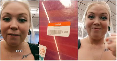 A woman reacting to Goodwill's $50 scrapbook paper