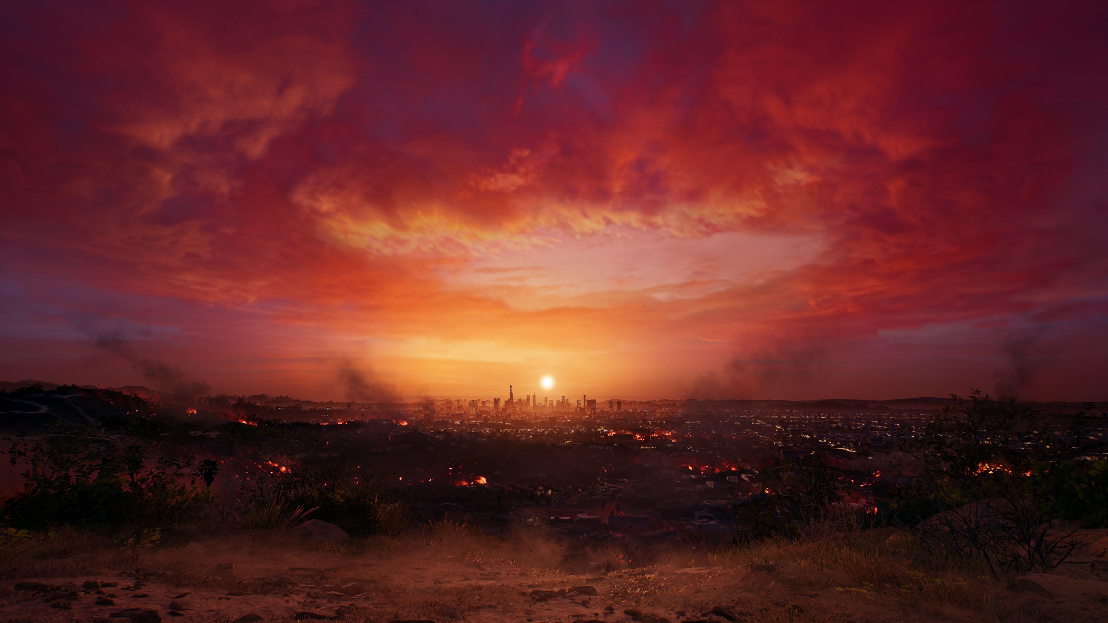 'Dead Island 2' Skyline view at Hell-A on fire.