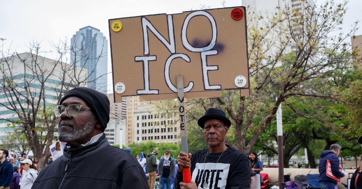 A No ICE sign at a No Kings protest in Dallas, Tex. 