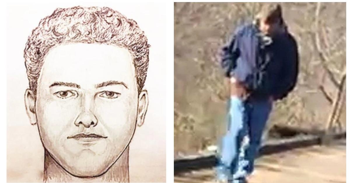 (L-R): Police sketch of suspect in murders of Abby Williams and Libby German; screenshot from video of man on the bridge