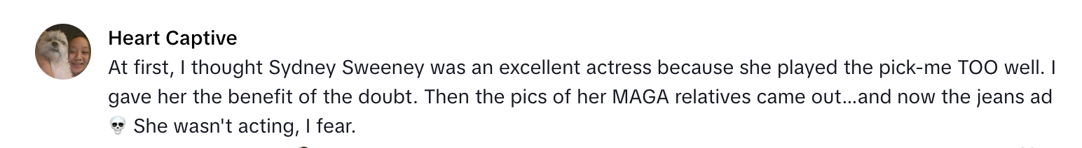A TikTok commenter discussing Sydney Sweeney and Alexa Demie