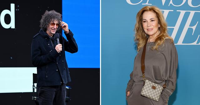 Howard Stern speaking on stage with a mic and Kathie Lee Gifford at the premiere of Unsung Hero.