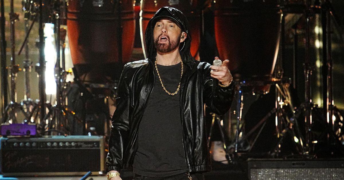 e Eminem performs on stage during the 37th Annual Rock & Roll Hall Of Fame Induction Ceremony