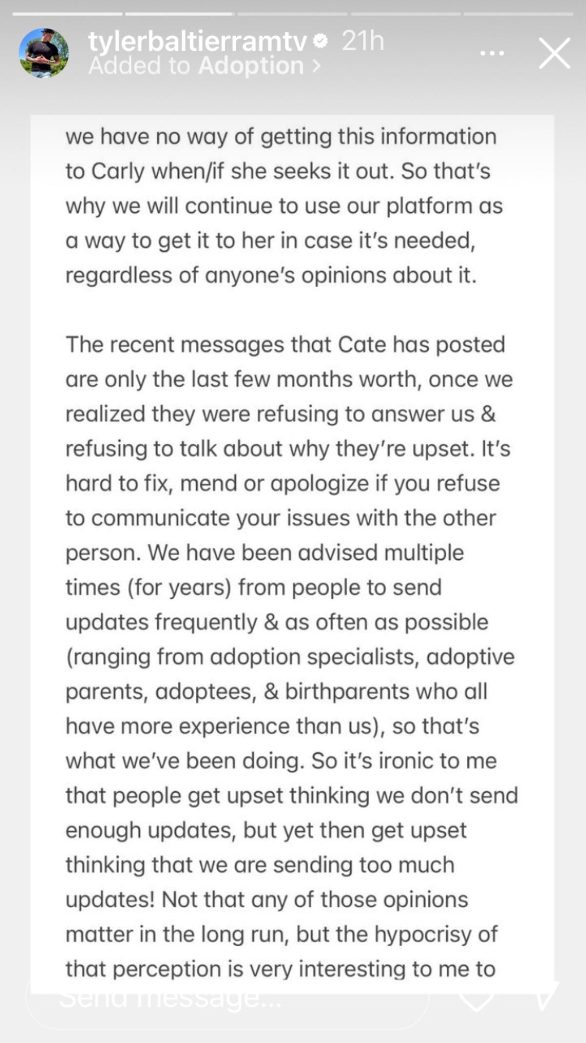 Tyler Baltierra Comments on Relationship With Carly's Adoptive Parents - Instagram Story