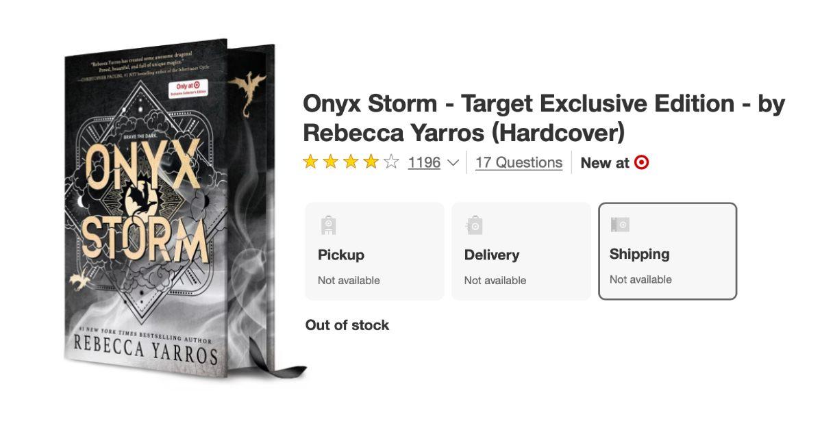 Target shows 'Onyx Storm' is out of stock.