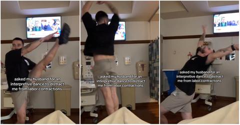 husband dances in wife's delivery room