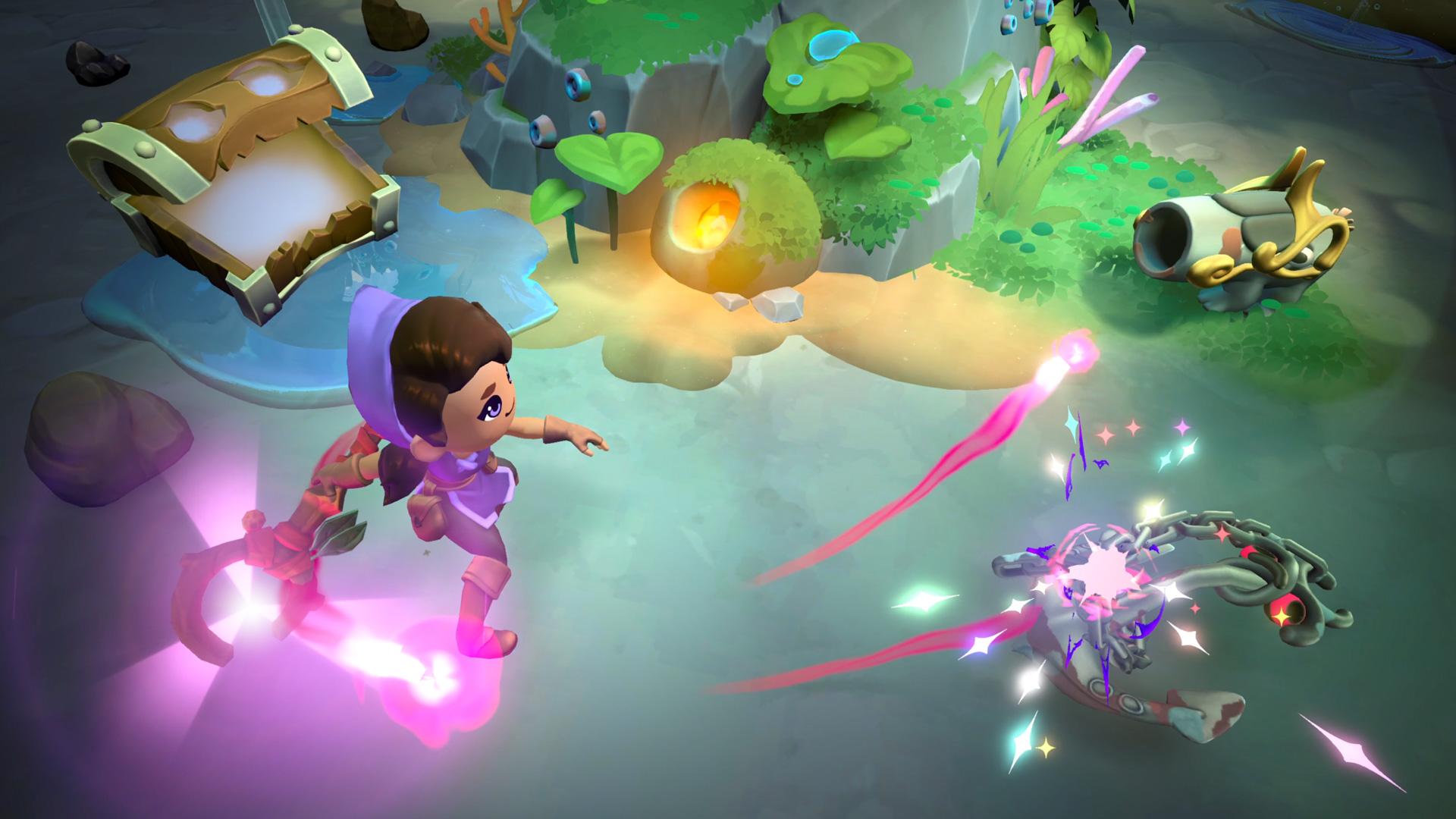 'Fae Farm' Screenshot of player fighting a monster inside a dungeon.