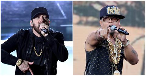 Eminem and Melle rap at separate venues holding microphones.