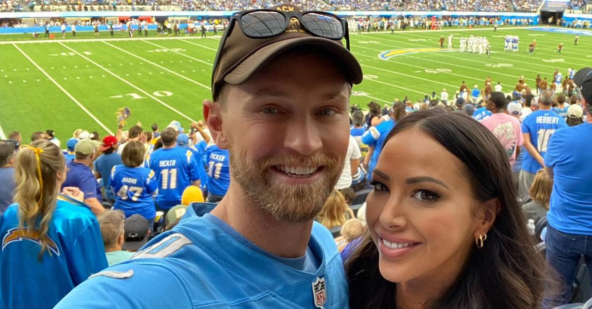 Kristen Doute and her boyfriend, Luke Broderick, at a Detroit Lions game in November 2023.