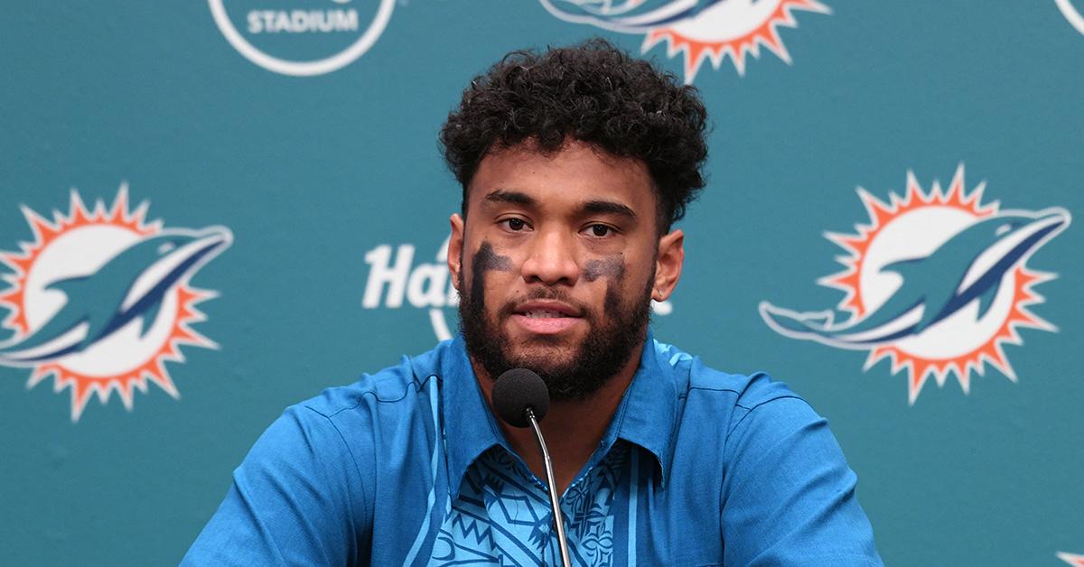 Tua Tagovailoa at a press conference after a game against the Titans. 