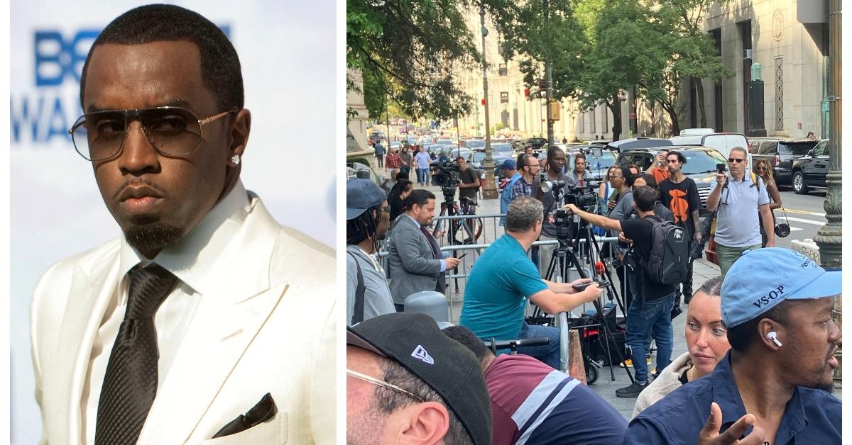(L-R): Sean "Diddy" Combs; press outside a Manhattan courtroom after Diddy's arrest