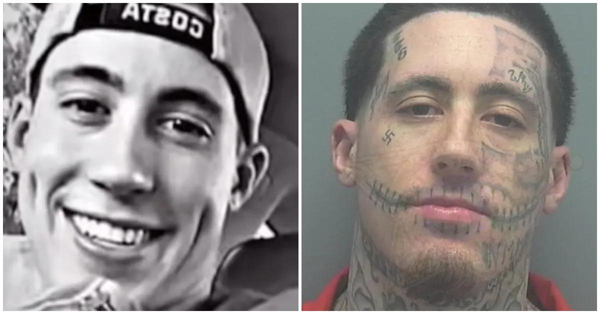 Convicted felon Wade Wilson before and after tattoos.