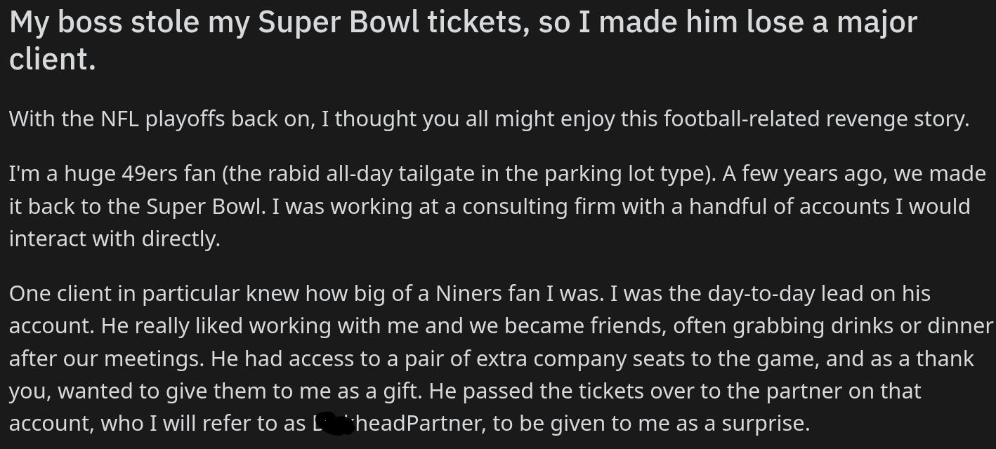 Guy Gets Revenge After Boss Steals His Super Bowl Tickets