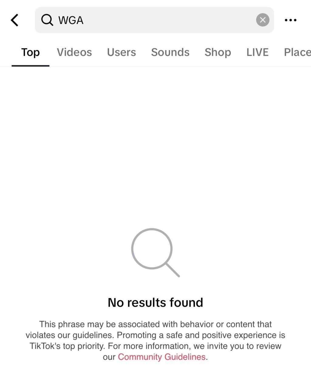 The message that came up on TikTok when users searched for WGA