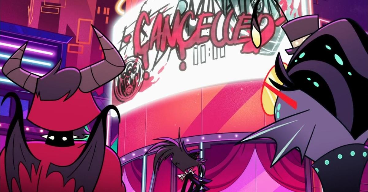 Angel Dust's brother, Arackniss, watches Katie Killjoy coverage of the canceled exterminations in Hell