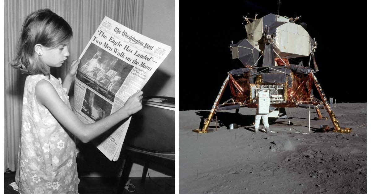 (L-R): Little girl reads a newspaper article about the Apollo 11 moon landing; An image from the Apollo 11 moon landing