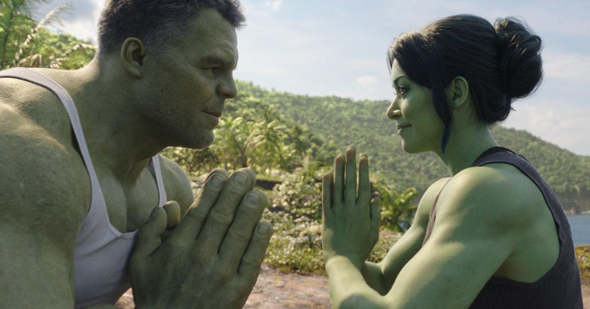 Mark Ruffalo as Smart Hulk and Tatiana Maslany as She-Hulk in 'She-Hulk: Attorney at Law.'