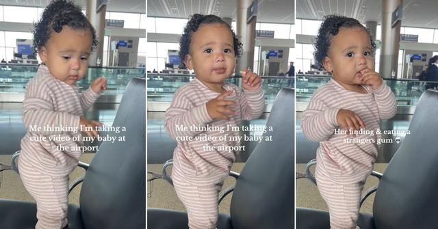 A baby girl finds a piece of gum at the airport and eats it