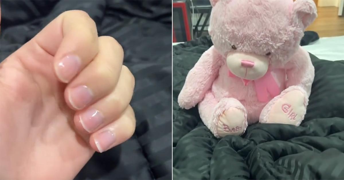 An image of a nails and a teddy bear side by side in a video parodying the original. 