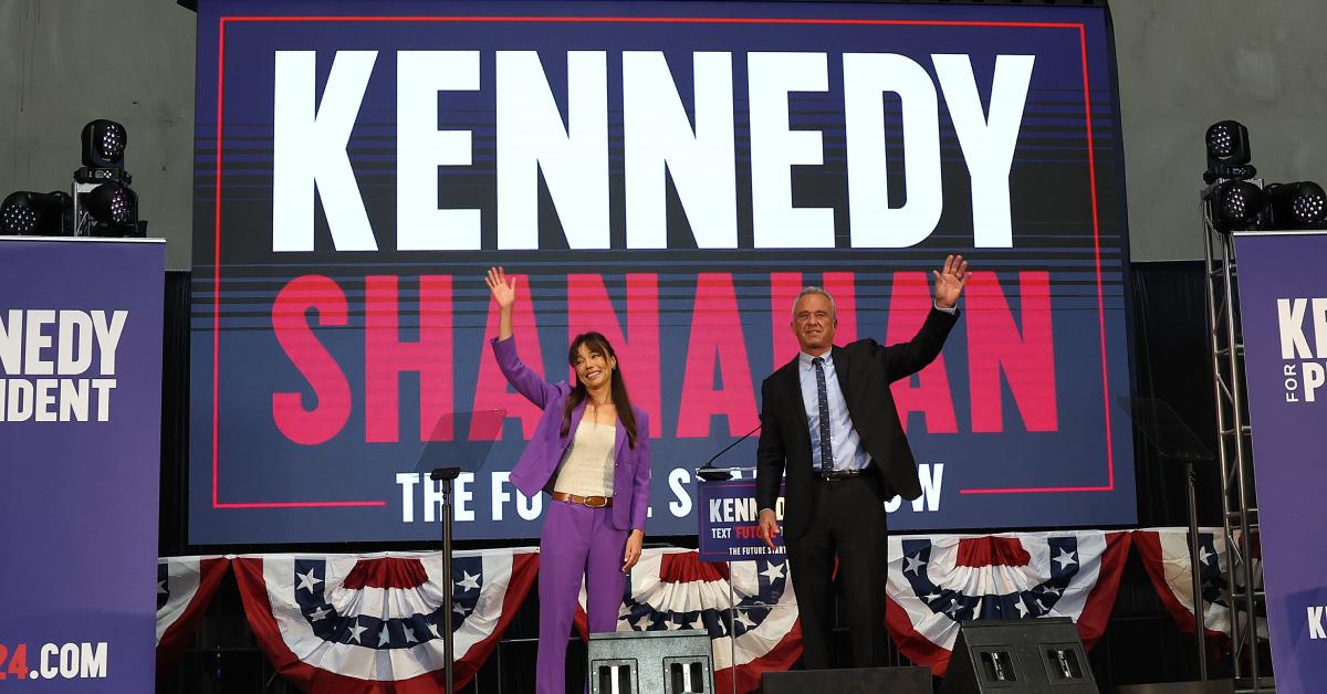 Nicole Shanahan and Robert Kennedy Jr. on stage at a campaign event on March 26, 2024