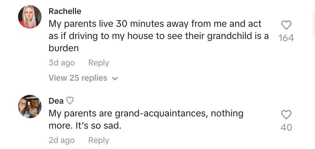 Commenters saying that their parents don't visit their grandchildren often