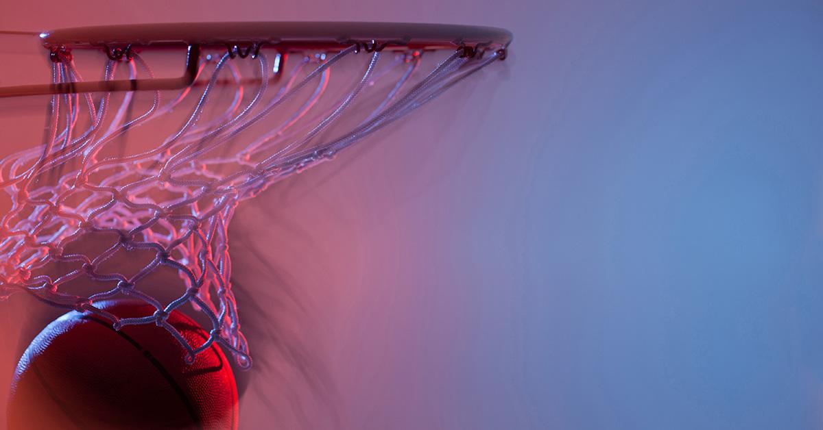 Basketball coming down the net after going in. 