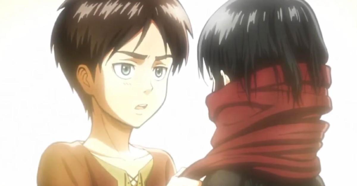 Little Eren ties his red scarf around Mikasa. 
