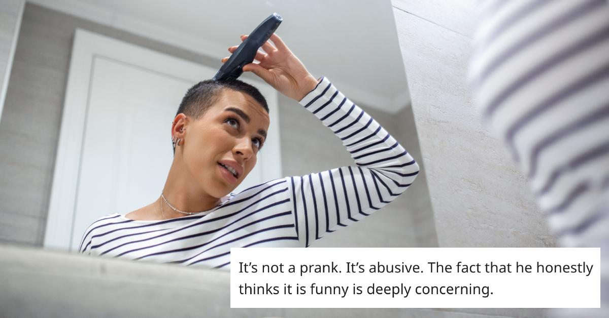 CoComment on viral post about woman's husband who shaved her head as a joke with a woman shaving her head in the background.