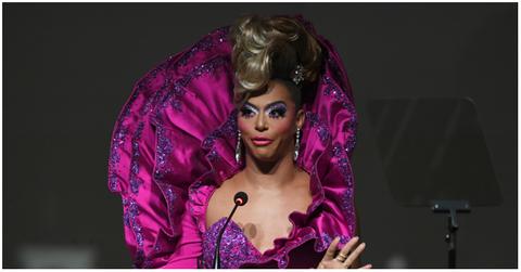 Shangela in fuchsia dress