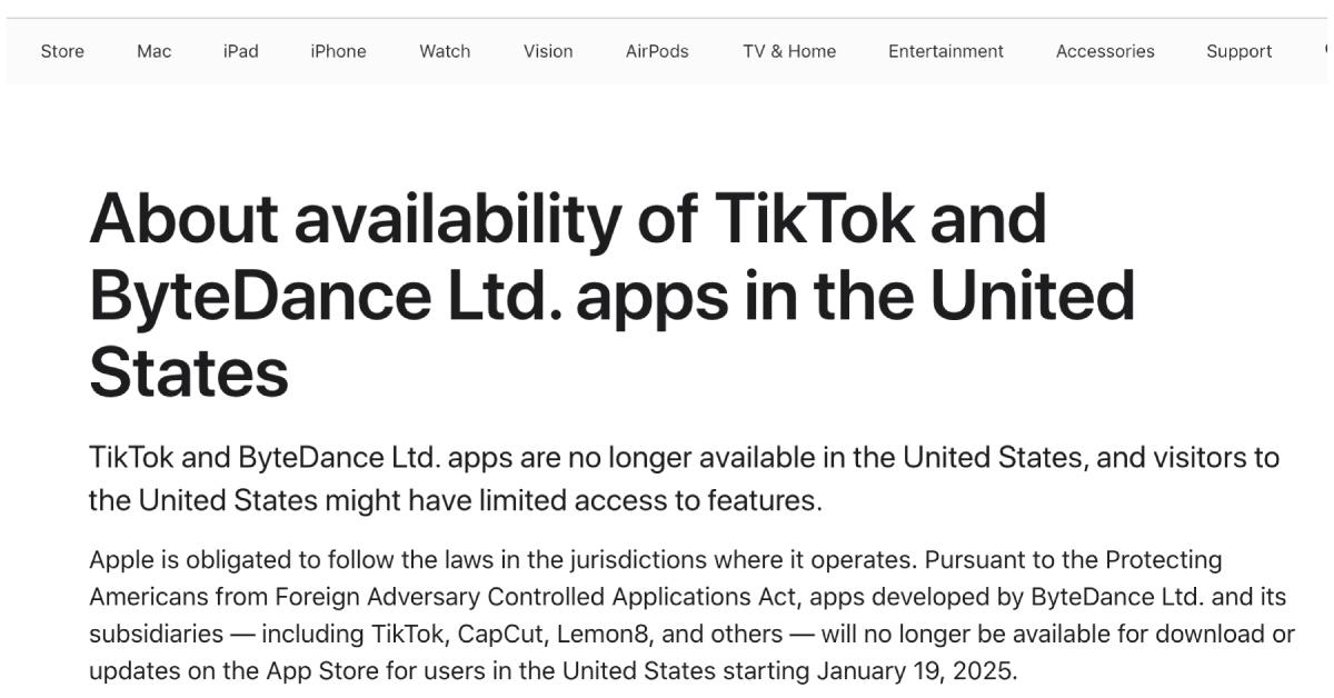 App Store's message about TikTok not being available