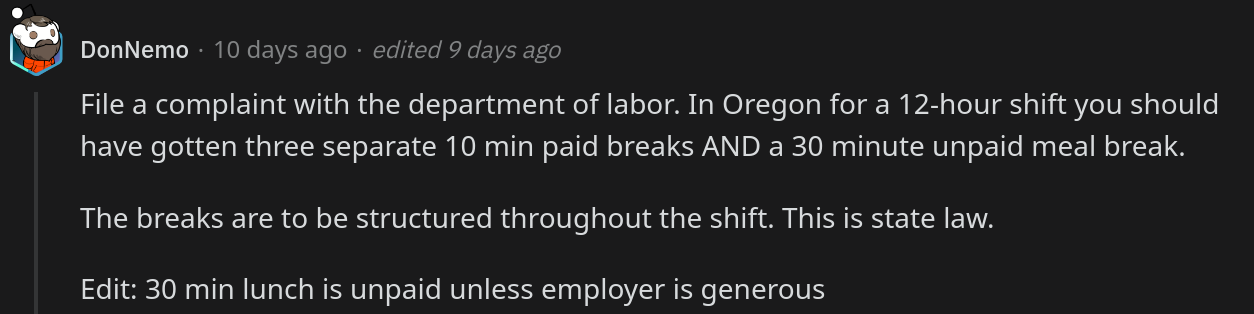 employee forced to take break end of shift