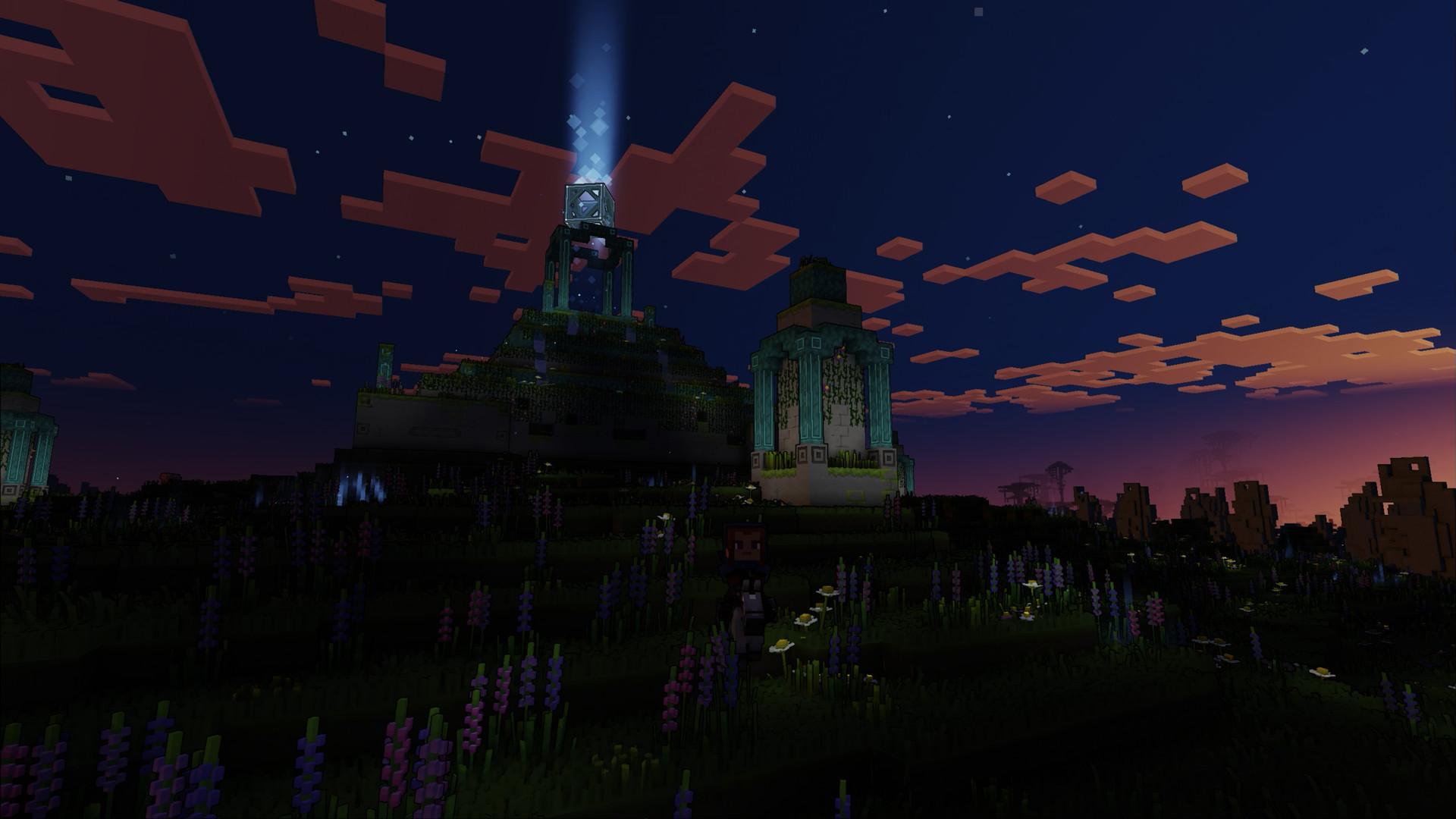'Minecraft Legends' player on a horse in a flowery meadow at dusk.