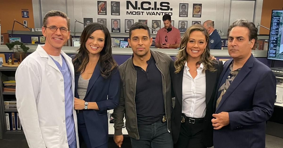 Brian Dietzen, Katrina Law, Wilmer Valderrama, Vanessa Lachey, and Jason Antoon on the 'NCIS' set