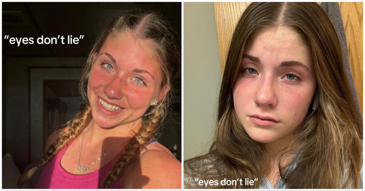 Katelynn smiling on the left and showing a serious expression on the right, with the words "eyes don't lie."
