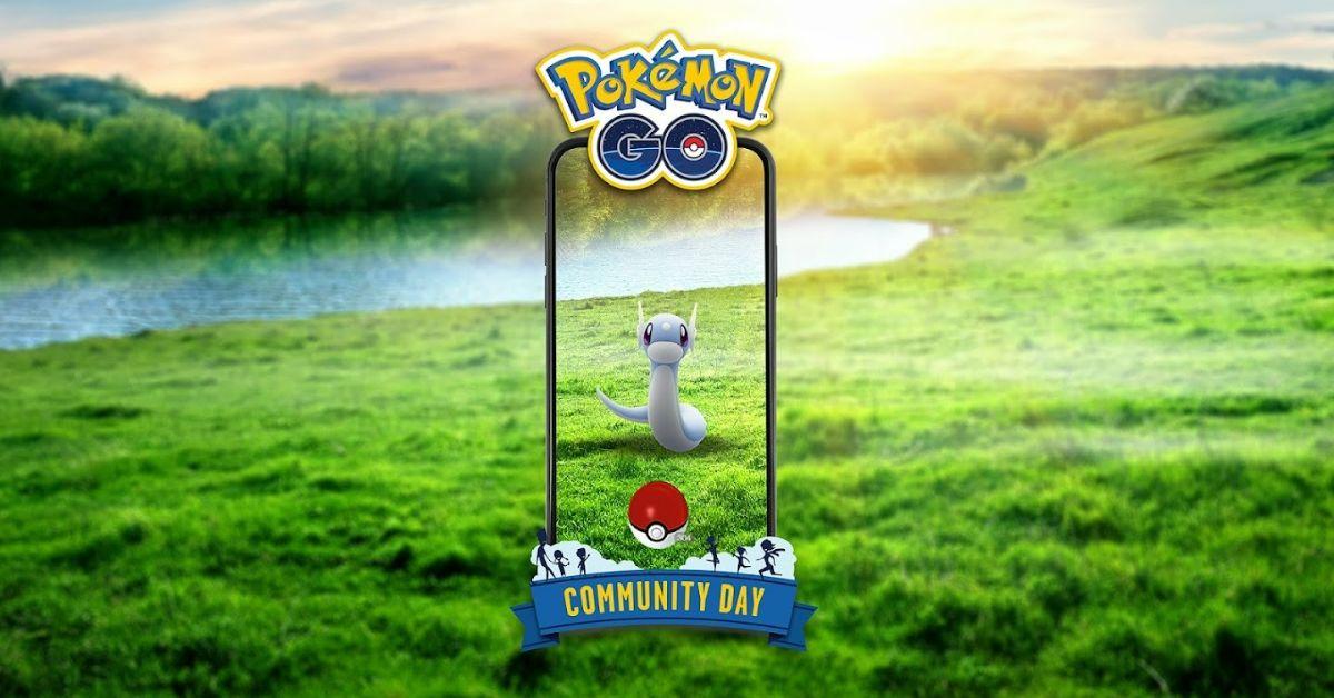 Dratini in a grassy field surrounded by the Pokémon GO Community Day frame.