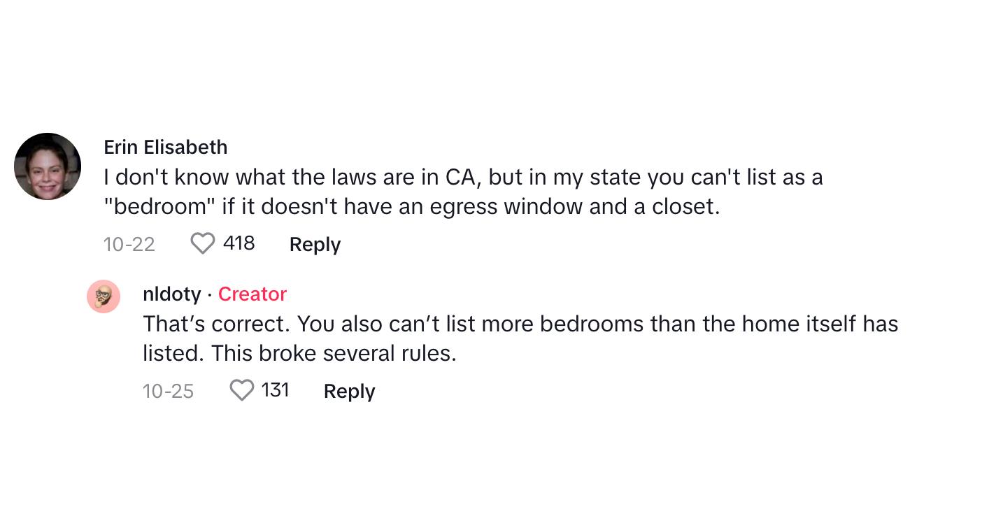 A commenter saying that in California, a bedroom has to have an egress window and a closet