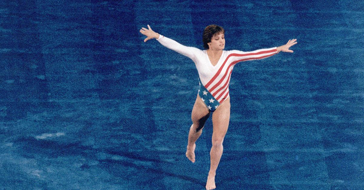 Mary Lou Retton doing a floor routine at the 1984 Olympics. 