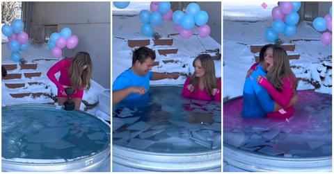 (l-r): A couple sitting in an ice bath for their gender reveal