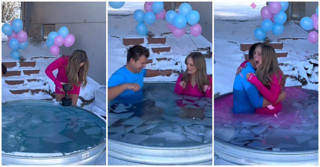 (l-r): A couple sitting in an ice bath for their gender reveal
