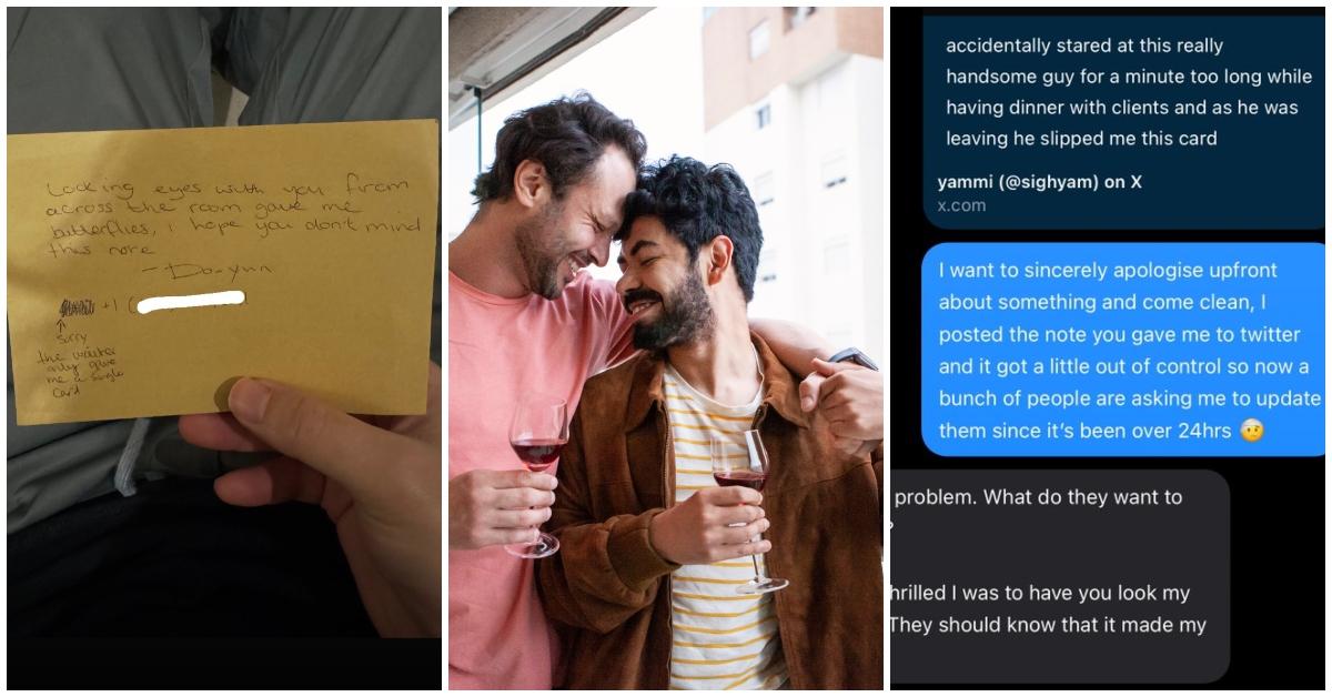 (l-r): A man's note from his crush/a couple drinking/a text screenshot