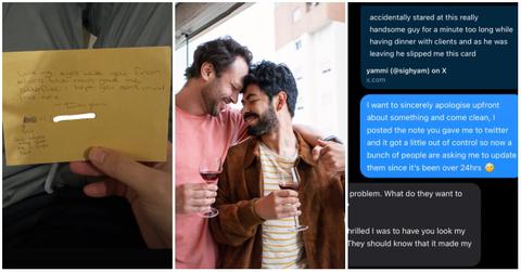 (l-r): A man's note from his crush/a couple drinking/a text screenshot