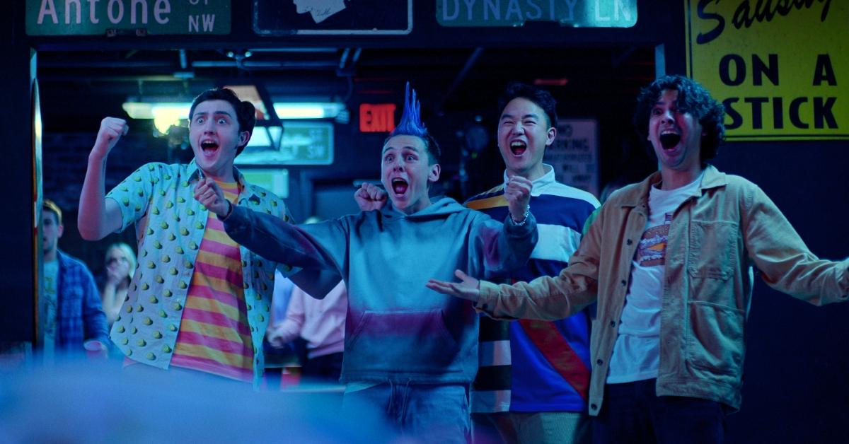 (L-R) Gianni DeCenzo as Demetri, Jacob Bertrand as Hawk, Joe Seo as Kyler, and Xolo Maridueña as Miguel in Season 6 of 'Cobra Kai.'